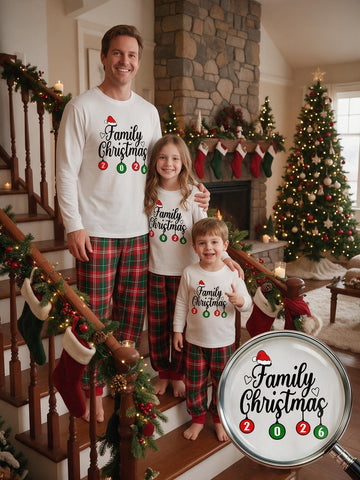 2 Piece Family Matching 2026 Christmas Pajamas Set Festive Ornament Graphic Long Sleeve Top & Red Green Plaid Pants Perfect for Christmas Eve Celebrations