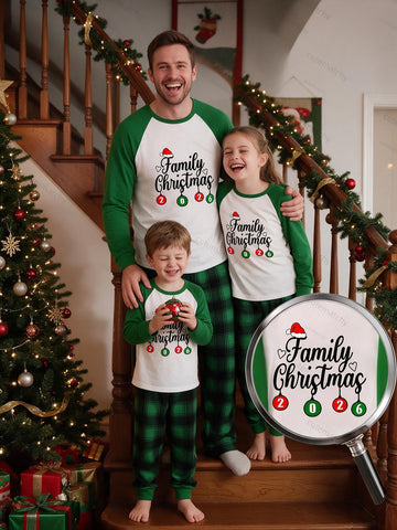 Two Piece Set Family Matching Christmas Pajamas Family Christmas 2026 Santa Hat Ornament Letter Print Raglan Top Green Plaid Long Pants Sleepwear For Xmas Family Photos