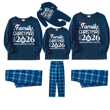 "Family Christmas 2026 " Text Print Blue Long Sleeve Top With Blue Plaid Family Matching Pajamas