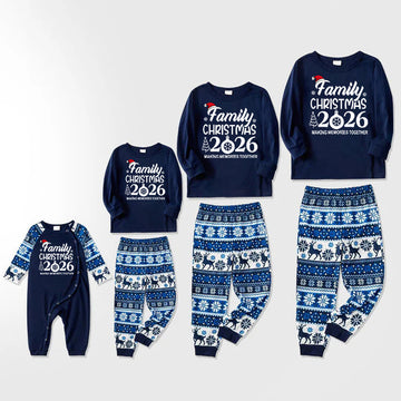 "Family Christmas 2026 " Text Print Blue Family Matching Pajamas