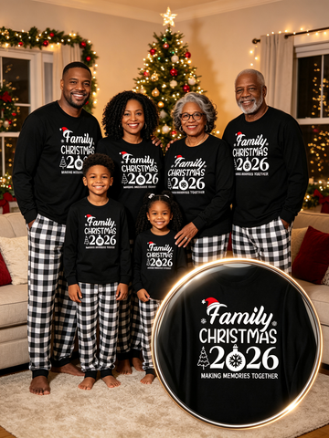 Family Matching 2026 Christmas Pajama Set | Soft 2-Piece Outfit with "Family Christmas 2026 Making Memories Together" Print & Black White Plaid Pants With Pockets