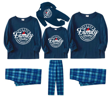 "2026 Family Christmas Making Memories Together" Text Ring Pattern - Blue Long Sleeve Top With Blue Plaid Family Matching Pajamas