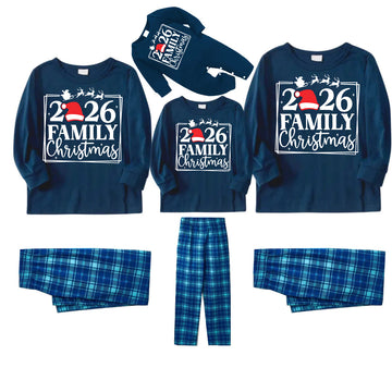 "2026 FAMILY CHRISTMAS" Text and Sleigh Pattern - Blue Long Sleeve Top With Blue Plaid Family Matching Pajamas