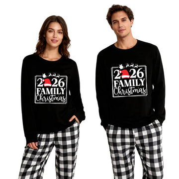 "2026 FAMILY CHRISTMAS" Text and Sleigh Pattern - Black Long Sleeve Top with Black And White Plaid Pants Family Matching Pajamas