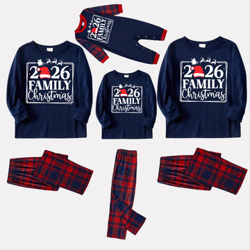"2026 Family Christmas and Elk" Prints Blue Long Sleeves Top with Red and Blue Plaid Pants Christmas Matching Pajamas