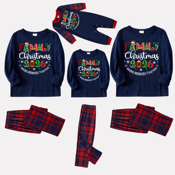 Cute "Family Christmas 2026" Text Prints Blue Long Sleeves Top with Red and Blue Plaid Pants Christmas Matching Pajamas
