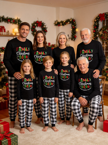 2026 Family Matching Christmas Pajama 2 Piece Set Soft Black Long Sleeve Top Black White Plaid Long Pants With Pockets Family Christmas 2026 Making Memories Together Print Cozy Loungewear For Christmas Eve Family Holiday Sleepwear