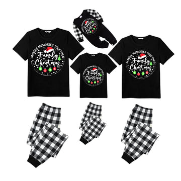 Making Memories Together Family Christmas 2026 Pajamas Set - Black Top Black and White Plaid Pants White Text Graphic
