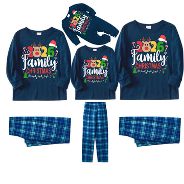 "Family Christmas 2026" Text and Deer Prints Blue Long Sleeve Top With Blue Plaid Family Matching Pajamas
