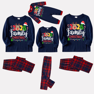 "Family Christmas 2026" Text and Deer Prints Blue Long Sleeves Top with Red and Blue Plaid Pants Christmas Matching Pajamas