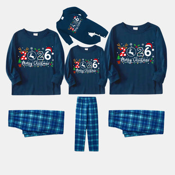 "Merry Christmas 2026" Text Prints Blue Long Sleeve Top With Blue Plaid Family Matching Pajamas