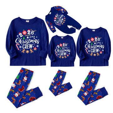 Christmas Crew 2026 Family Pajamas Set - Blue Top, Blue Pants, Blue Christmas Cartoon Sleeves, Gingerbread Candy Print