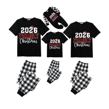 2026 Family Christmas Pajamas Set - Black Top Black and White Plaid Pants Red Plaid Text Graphic
