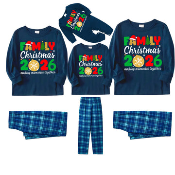 "Family Christmas 2026" Cute Text and Santa Hat Prints Blue Long Sleeve Top With Blue Plaid Family Matching Pajamas