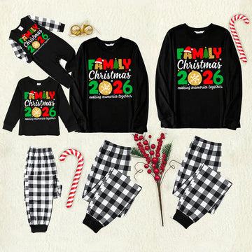 "Family Christmas 2026" Cute Text and Santa Hat Prints Black Long Sleeve Top with Black And White Plaid Pants Family Matching Pajamas