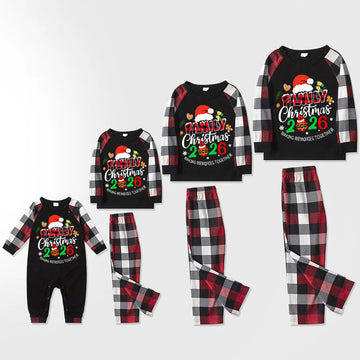 Santa Hat And "Family Christmas 2026 " Colorful Text Printed Pattern - Black Top with Red&Black&White Plaid Sleeves - Family Matching Pajamas