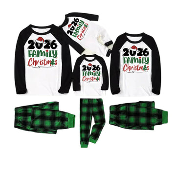 2026 Family Christmas Pajamas Set - Black Raglan Sleeve White Top Green and Black Plaid Pants Graphic