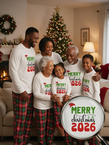2026 Family Christmas Matching Loungewear Set, White Crew Neck Long Sleeve Top with "Merry Christmas 2026" Santa Hat Letter Print, Red Green Plaid Pants, Soft Matching Outfit for Multi-Generation Family Holiday Photos