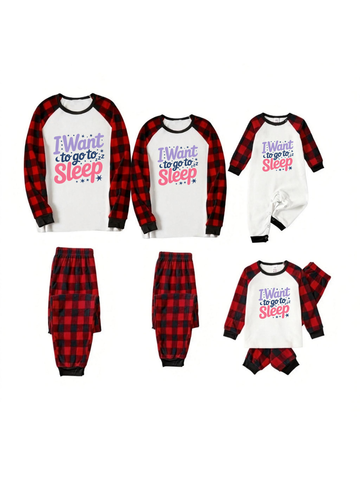 I WANT TO GO TO SLEEP Letter Print White Long Sleeve with Black&Red Plaid Pants Family Matching Pajamas