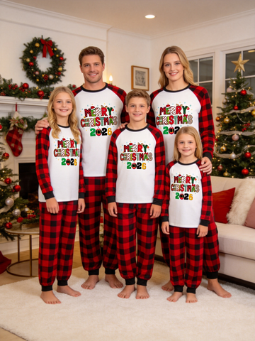 Family Matching Christmas Pajama Set, 2026 Merry Christmas Letter Print Raglan Long Sleeve Top, Red Black Plaid Pants With Pockets, Cozy Festive Sleepwear for Christmas Eve & Holiday Photos