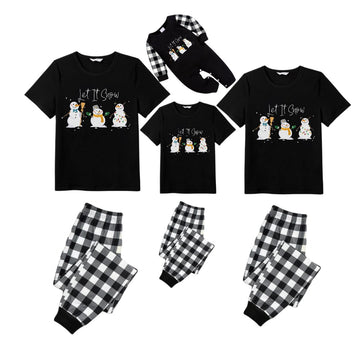 Black and White Plaid Short Sleeve Christmas Pajamas Set With Snowman and Cheer Text Prints