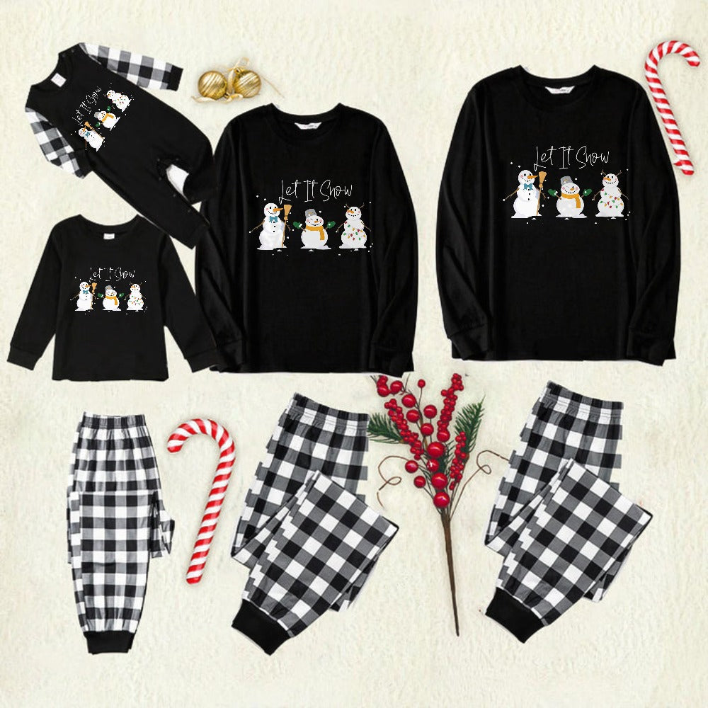 Black and White Plaid Christmas Pajamas Set With Snowman and "Let It Snow" Cartoon Print