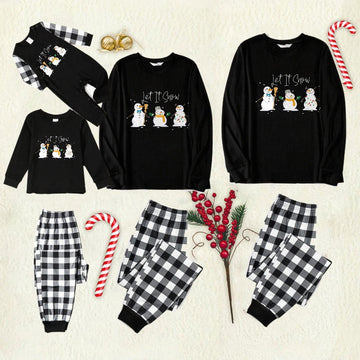 Black and White Plaid Christmas Pajamas Set With Snowman and "Let It Snow" Cartoon Print