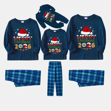 Navy & Sky Blue Plaid Christmas Pajamas Set With Santa Hat and "Merry Christmas 2026" Text Print