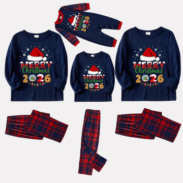 Navy & Red Plaid Christmas Pajamas Set With Santa Hat and "Merry Christmas 2026" Text Print