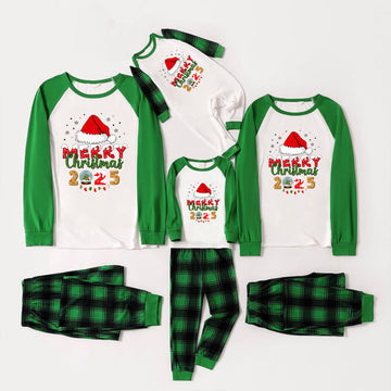 Green Raglan Top Green Plaid Christmas Pajamas Set With Santa hat and "MERRY Christmas 2025 " Print