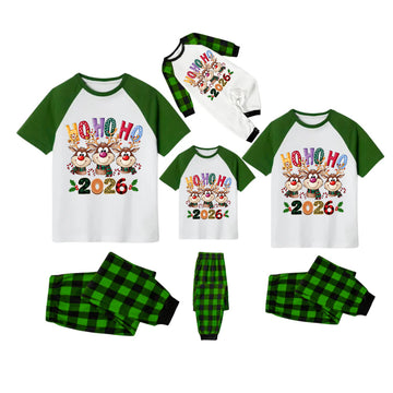 White Top Green Sleeves Green Plaid Pants Pajamas Set With Christmas Reindeer and "HO HO HO" Print