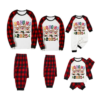 Red and Black Plaid Christmas Pajamas Set With "HO HO HO" and Reindeer Cartoon Print