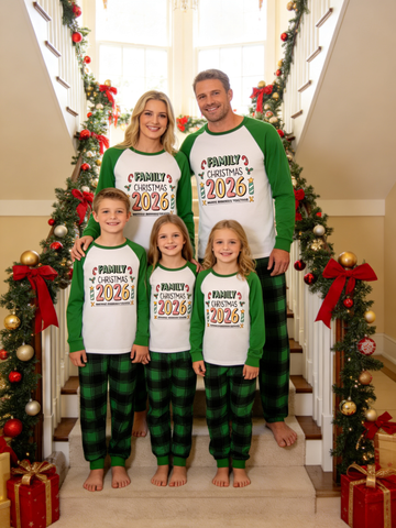 2026 Family Christmas Matching Pajamas Set, Green Plaid Raglan Long Sleeve Printed Top, Plaid Pants With Pockets Holiday Sleepwear