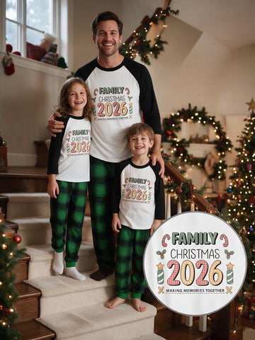 Family Matching 2026 Christmas Pajamas Set Candy Cane Family Christmas 2026 Print Raglan Long Sleeve Top & Green Plaid Pants Breathable Skin Friendly Matching Outfit For Family Holiday Gathering & Xmas Morning