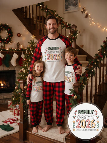 Two Piece Set Family Matching Christmas Pajamas Family Christmas 2026 Candy Cane Gift Box Print Raglan Top Red Black Plaid Long Pants Sleepwear