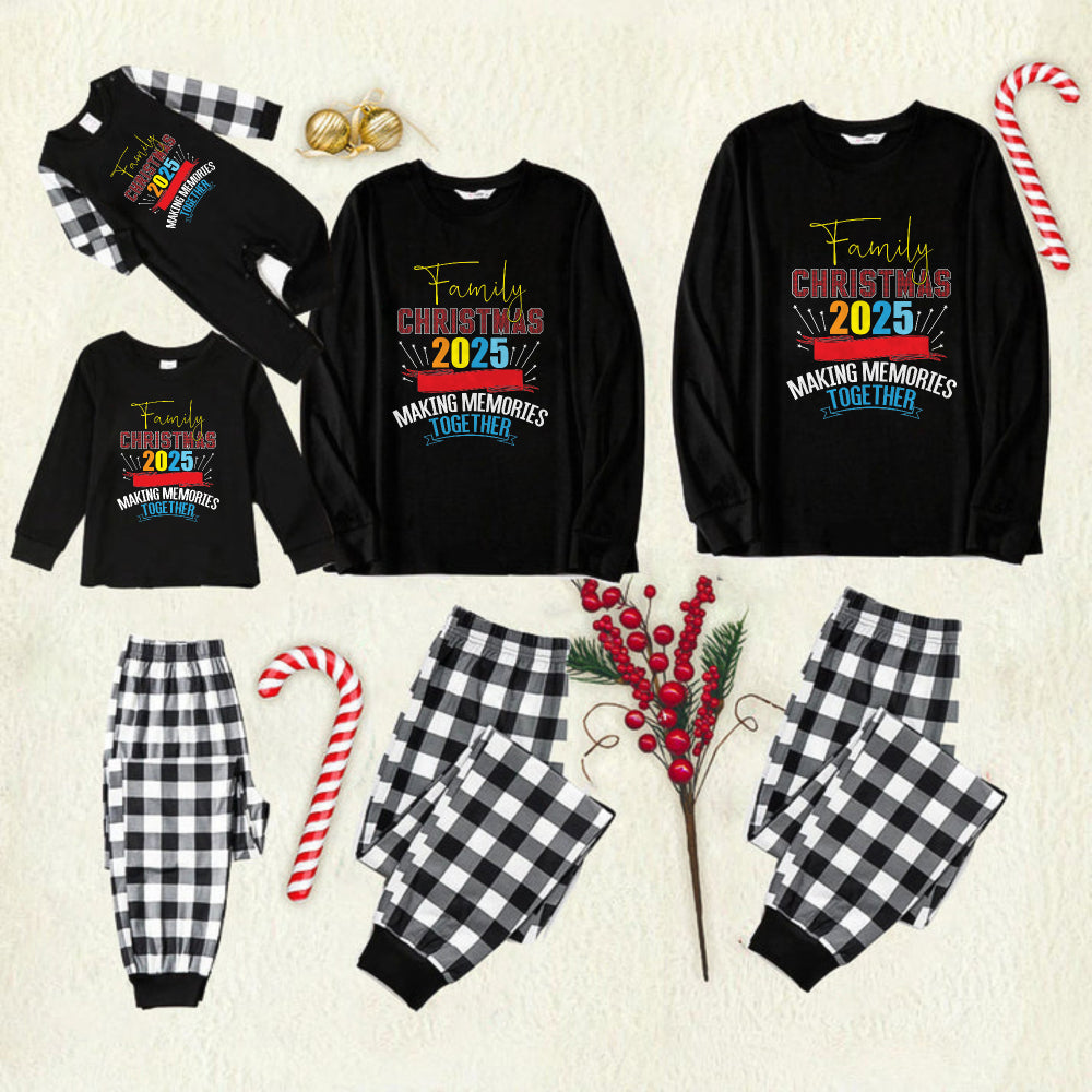 Black and White Plaid Christmas Pajamas Set With Christmas Colorful Text Print