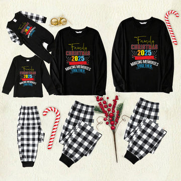Black and White Plaid Christmas Pajamas Set With Christmas Colorful Text Print