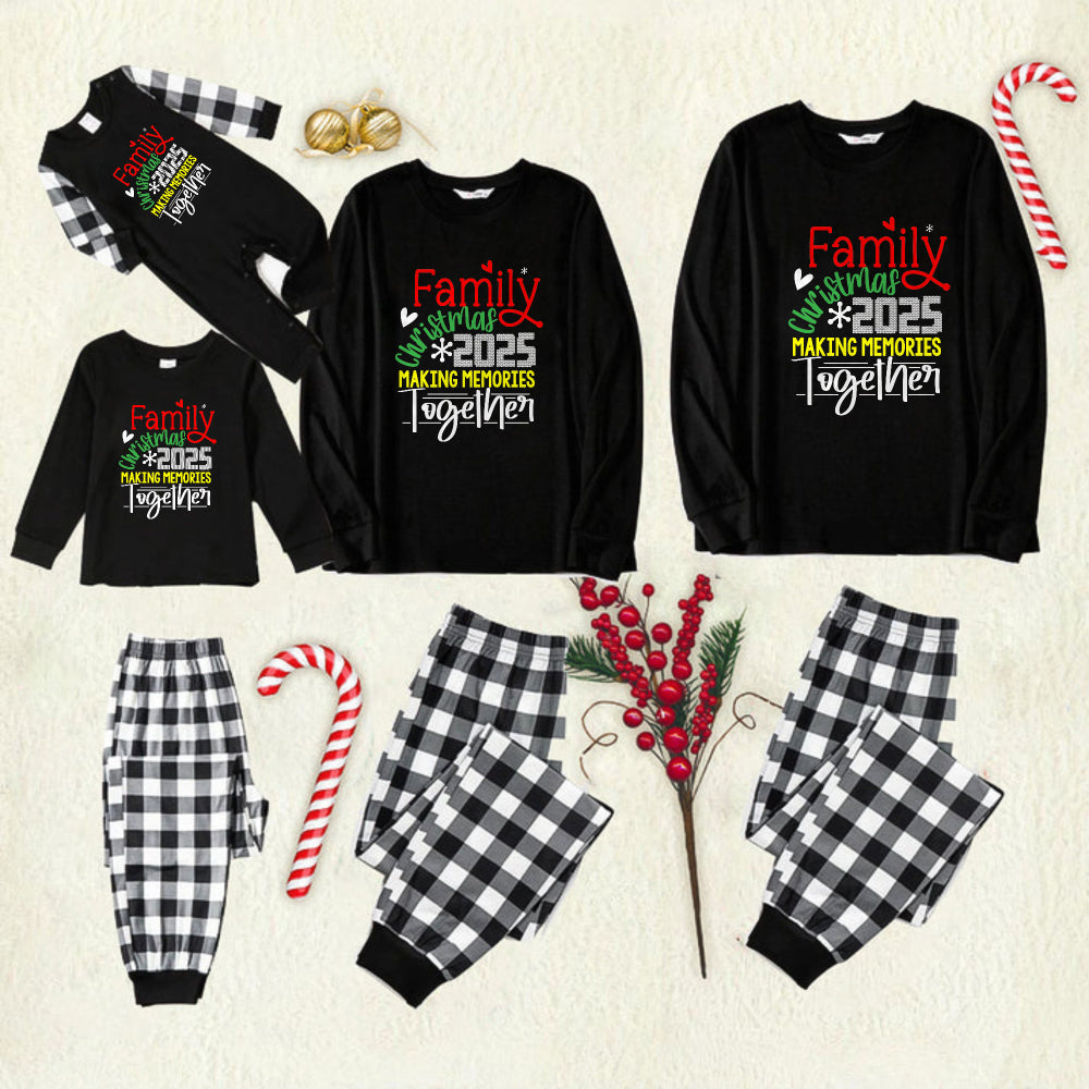 Black and White Plaid Christmas Pajamas Set With Christmas Colorful Slogan Print