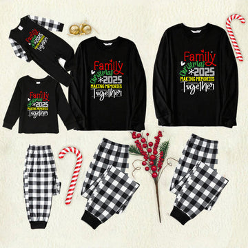Black and White Plaid Christmas Pajamas Set With Christmas Colorful Slogan Print