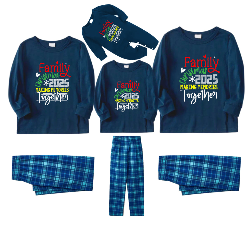 Christmas Family Matching Pajamas-Navy & Sky Blue Plaid Pjs Set with "Family Christmas 2025 Making Memories Together" Artistic Font Print