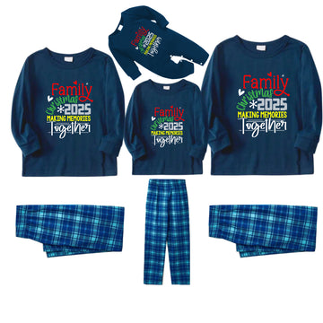 Christmas Family Matching Pajamas-Navy & Sky Blue Plaid Pjs Set with "Family Christmas 2025 Making Memories Together" Artistic Font Print