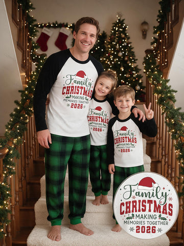 Family Matching 2026 Christmas Pajamas Set Santa Hat Family Christmas Making Memories Together Print Raglan Long Sleeve Top & Green Plaid Pants Matching Sleepwear for Family of 3 Great for Holiday Photo Shoots and Christmas Night
