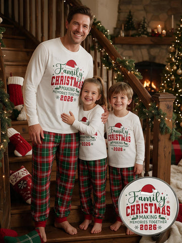 Family Matching 2026 Christmas PJ Set Santa Hat Family Christmas Making Memories Together Graphic White Long Sleeve Top and Red Green Plaid Pants Perfect for Holiday
