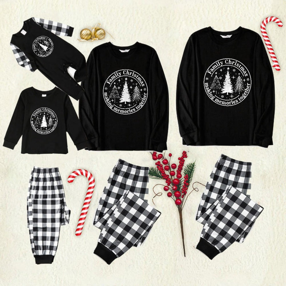 Black and White Plaid Christmas Pajamas Set With Christmas Tree Print