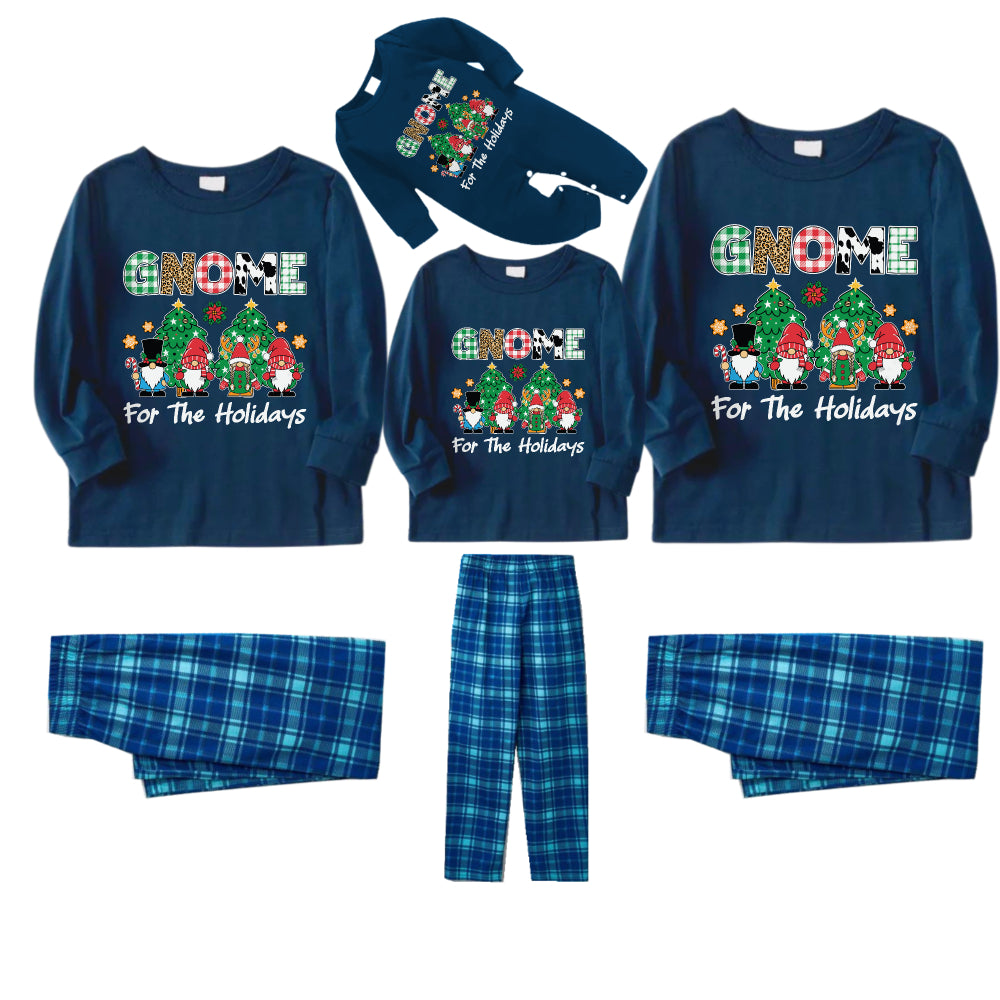 Christmas Family Matching Pajamas-Navy & Sky Blue Plaid Pjs Set with "Gnome For The Holidays" and Gnomies Cartoon Print