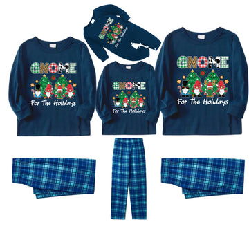 Christmas Family Matching Pajamas-Navy & Sky Blue Plaid Pjs Set with "Gnome For The Holidays" and Gnomies Cartoon Print