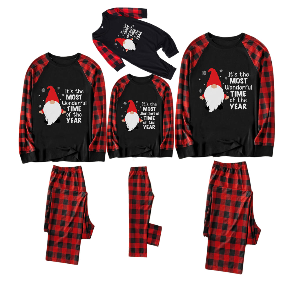Red and Black Plaid Christmas Pajamas Set Featuring Gnome with Santa Quotes