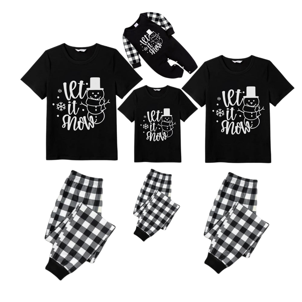 Black and White Plaid Short Sleeve Christmas Pajamas Set with Snowman and Slogan Designs