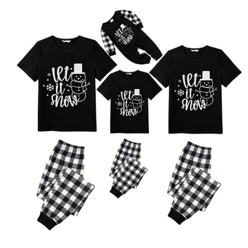 Black and White Plaid Short Sleeve Christmas Pajamas Set with Snowman and Slogan Designs