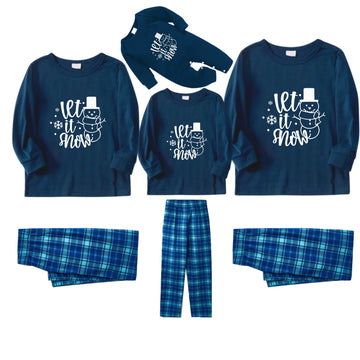 Christmas Family Matching Pajamas-Navy & Sky Blue Plaid Pjs Set with "Let It Snow" and Snowman Cartoon Print